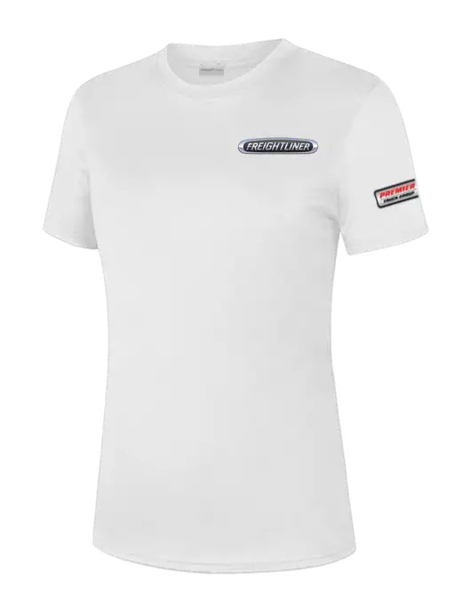  Womens White PosiCharge Competitor Tee w/Freightliner Logo, Premier Truck Group Logo