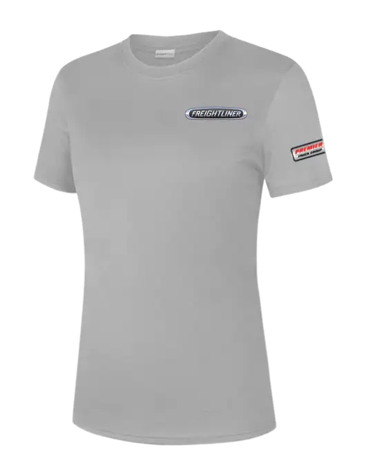  Womens Light Grey PosiCharge Competitor Tee w/Freightliner Logo, Premier Truck Group Logo