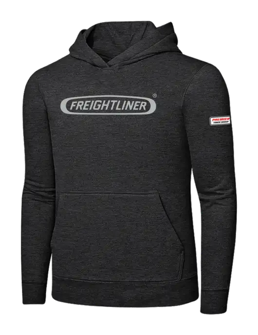 Dark Heather Grey 7.8 oz Ring Spun Hooded Sweatshirt w/Freightliner Logo, Premier Truck Group Logo