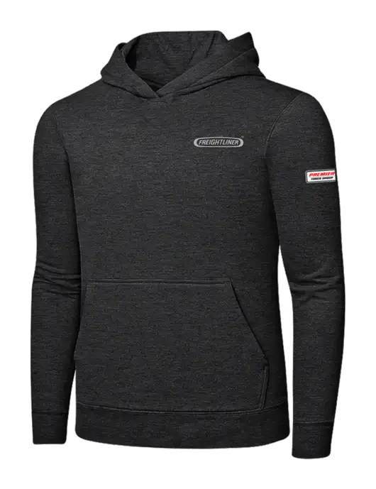 Dark Heather Grey 7.8 oz Ring Spun Hooded Sweatshirt w/Freightliner Logo, Premier Truck Group Logo