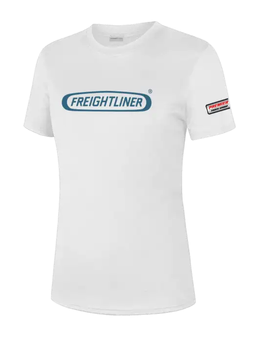  Womens White PosiCharge Competitor Tee w/Freightliner Logo, Premier Truck Group Logo