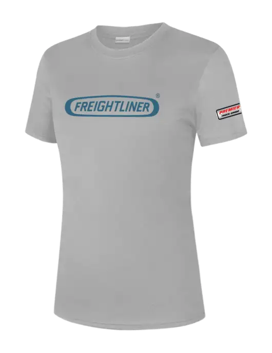  Womens Light Grey PosiCharge Competitor Tee w/Freightliner Logo, Premier Truck Group Logo