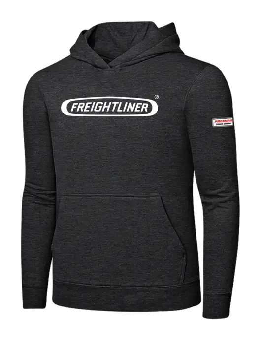 Dark Heather Grey 7.8 oz Ring Spun Hooded Sweatshirt w/Freightliner Logo, Premier Truck Group Logo