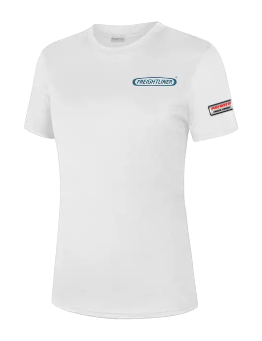  Womens White PosiCharge Competitor Tee w/Freightliner Logo, Premier Truck Group Logo