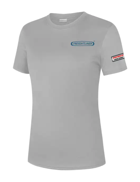  Womens Light Grey PosiCharge Competitor Tee w/Freightliner Logo, Premier Truck Group Logo