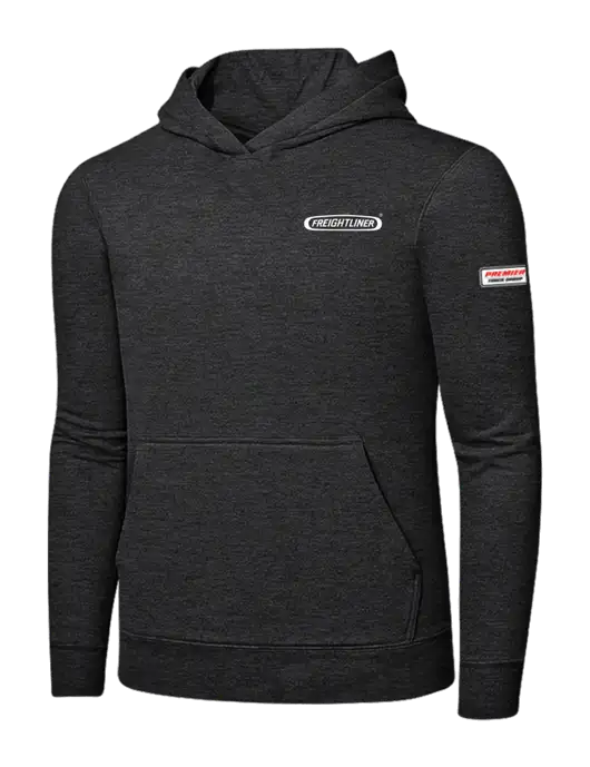 Dark Heather Grey 7.8 oz Ring Spun Hooded Sweatshirt w/Freightliner Logo, Premier Truck Group Logo