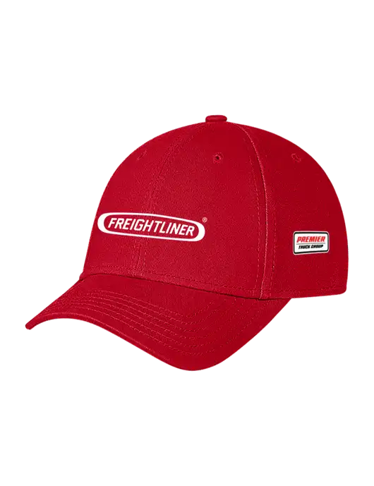 Red Structured Soft Snap Closure Hook & Loop Cap w/Freightliner Logo, Premier Truck Group Logo