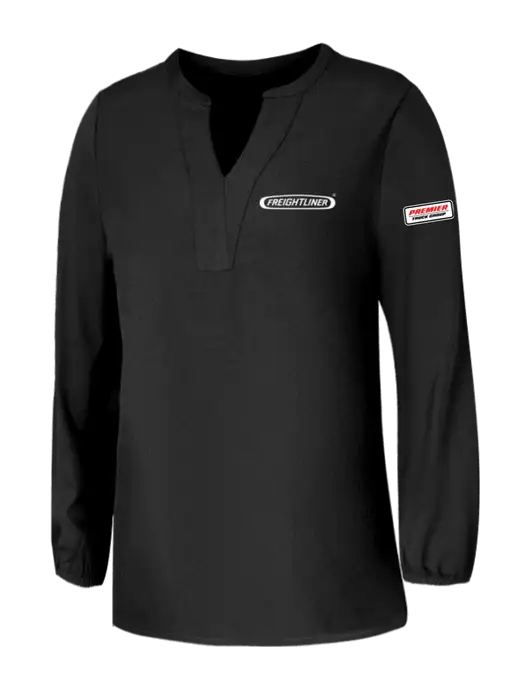 Mercer+Mettle Womens Deep Black Stretch Crepe 3/4 Sleeve Blouse w/Freightliner Logo, Premier Truck Group Logo