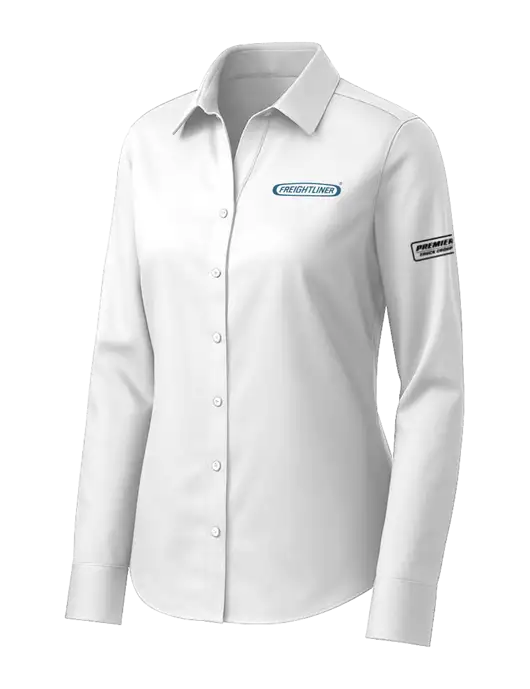 Brooks Brothers Womens White Wrinkle-Free Stretch Pinpoint Shirt w/Freightliner Logo, Premier Truck Group Logo