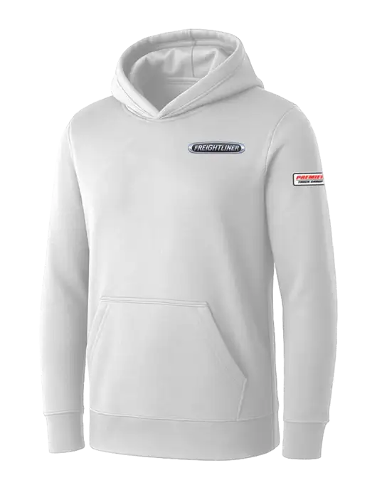 Womens White Core Fleece Pullover Hooded Sweatshirt w/Freightliner Logo, Premier Truck Group Logo