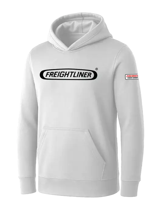 Womens White Core Fleece Pullover Hooded Sweatshirt w/Freightliner Logo, Premier Truck Group Logo
