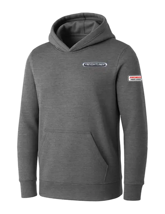 Womens Medium Grey Heather Core Fleece Pullover Hooded Sweatshirt w/Freightliner Logo, Premier Truck Group Logo