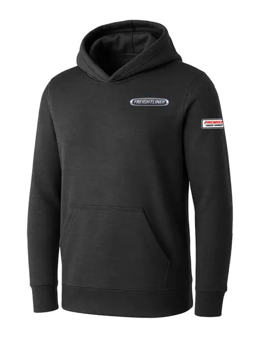 Womens Dark Grey Heather Core Fleece Pullover Hooded Sweatshirt w/Freightliner Logo, Premier Truck Group Logo