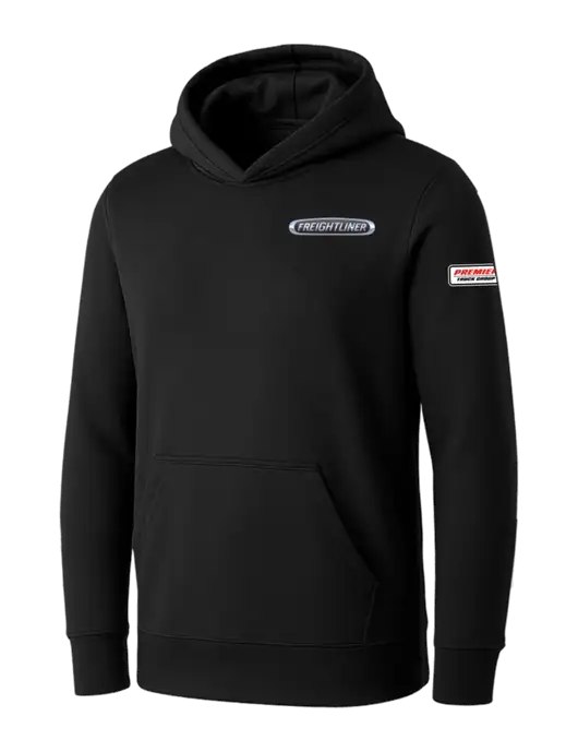 Womens Black Core Fleece Pullover Hooded Sweatshirt w/Freightliner Logo, Premier Truck Group Logo