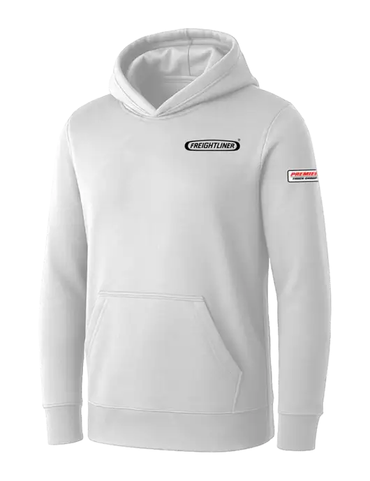 Womens White Core Fleece Pullover Hooded Sweatshirt w/Freightliner Logo, Premier Truck Group Logo