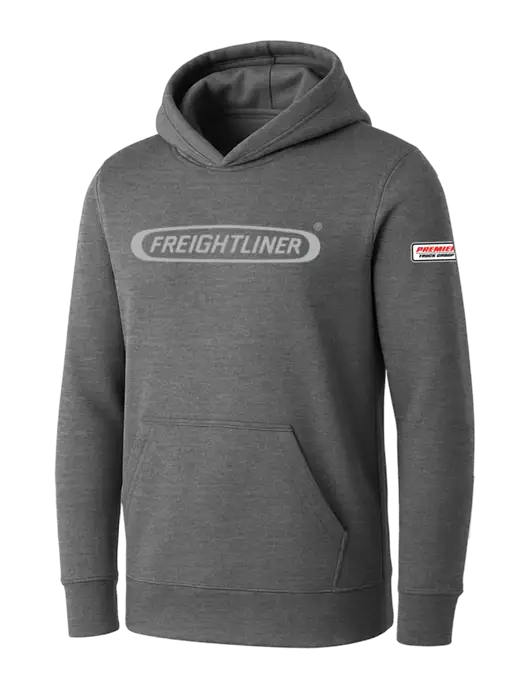 Womens Medium Grey Heather Core Fleece Pullover Hooded Sweatshirt w/Freightliner Logo, Premier Truck Group Logo