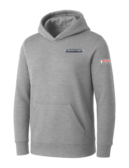 Womens Light Grey Heather Core Fleece Pullover Hooded Sweatshirt w/Freightliner Logo, Premier Truck Group Logo