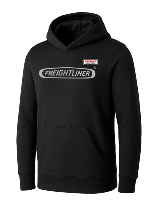 Womens Black Core Fleece Pullover Hooded Sweatshirt w/Freightliner Logo, Premier Truck Group Logo