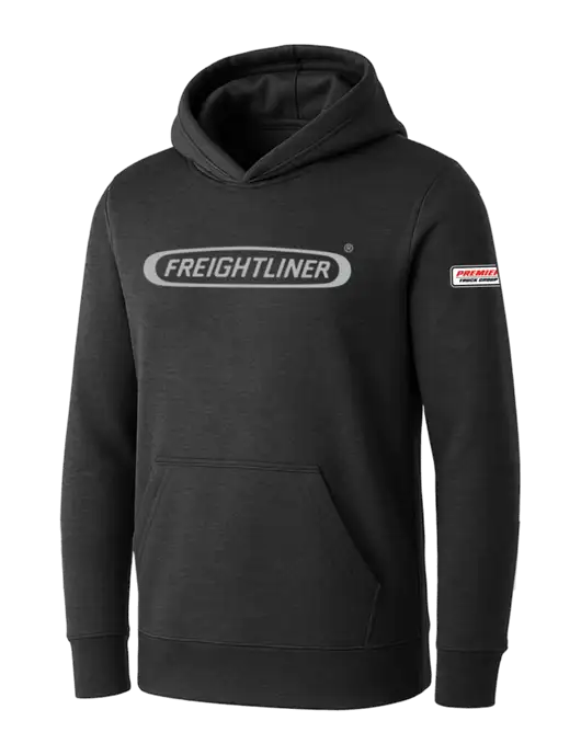 Womens Dark Grey Heather Core Fleece Pullover Hooded Sweatshirt w/Freightliner Logo, Premier Truck Group Logo
