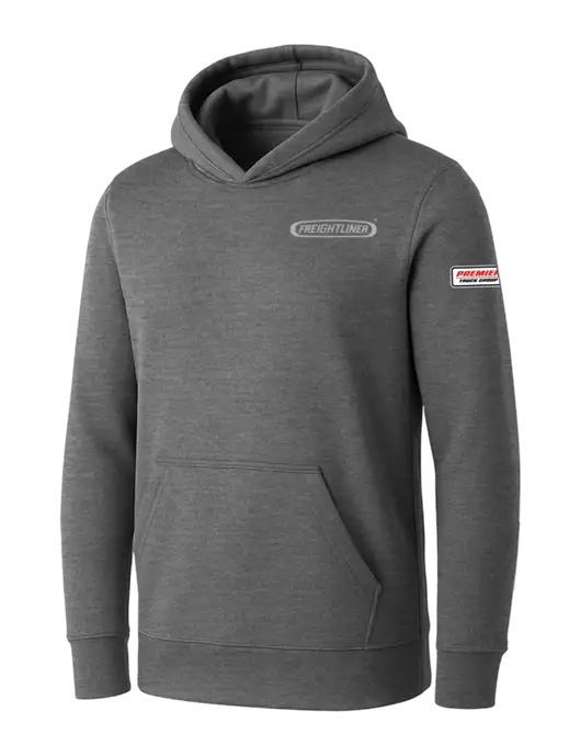 Womens Medium Grey Heather Core Fleece Pullover Hooded Sweatshirt w/Freightliner Logo, Premier Truck Group Logo
