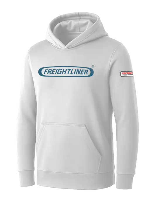 Womens White Core Fleece Pullover Hooded Sweatshirt w/Freightliner Logo, Premier Truck Group Logo