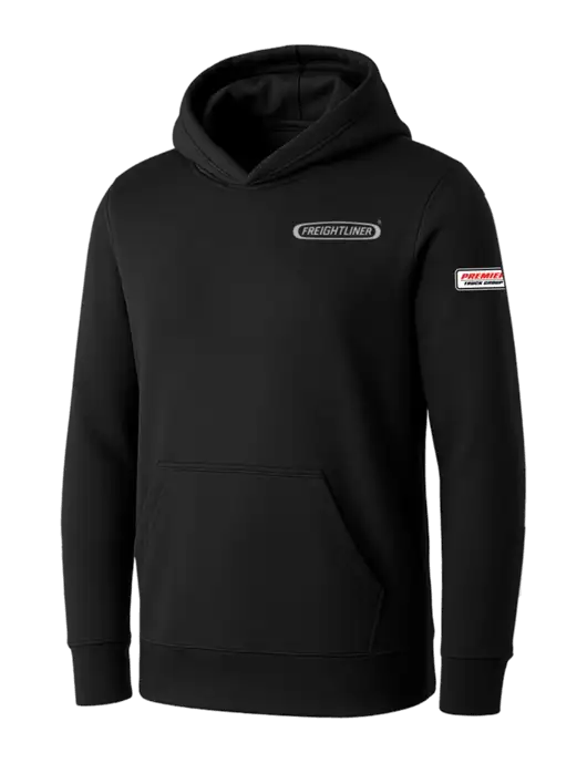 Womens Black Core Fleece Pullover Hooded Sweatshirt w/Freightliner Logo, Premier Truck Group Logo