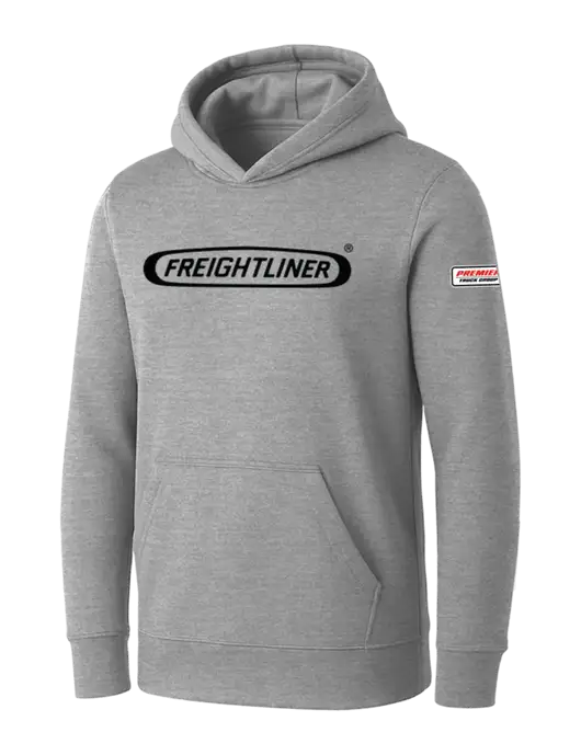 Womens Light Grey Heather Core Fleece Pullover Hooded Sweatshirt w/Freightliner Logo, Premier Truck Group Logo