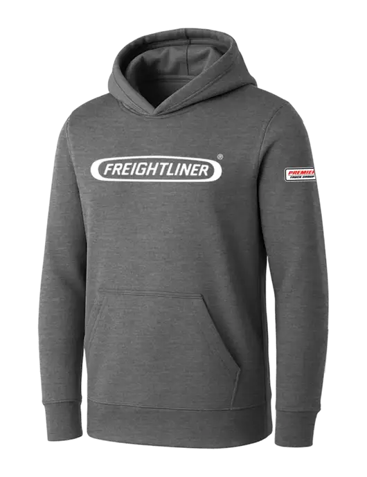 Womens Medium Grey Heather Core Fleece Pullover Hooded Sweatshirt w/Freightliner Logo, Premier Truck Group Logo