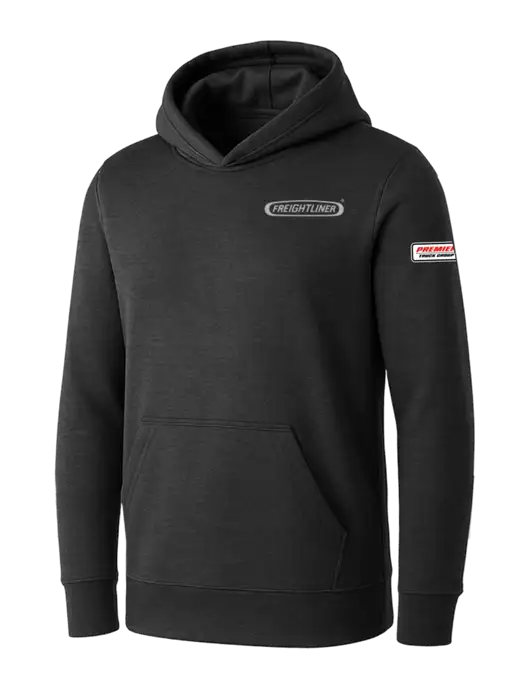 Womens Dark Grey Heather Core Fleece Pullover Hooded Sweatshirt w/Freightliner Logo, Premier Truck Group Logo