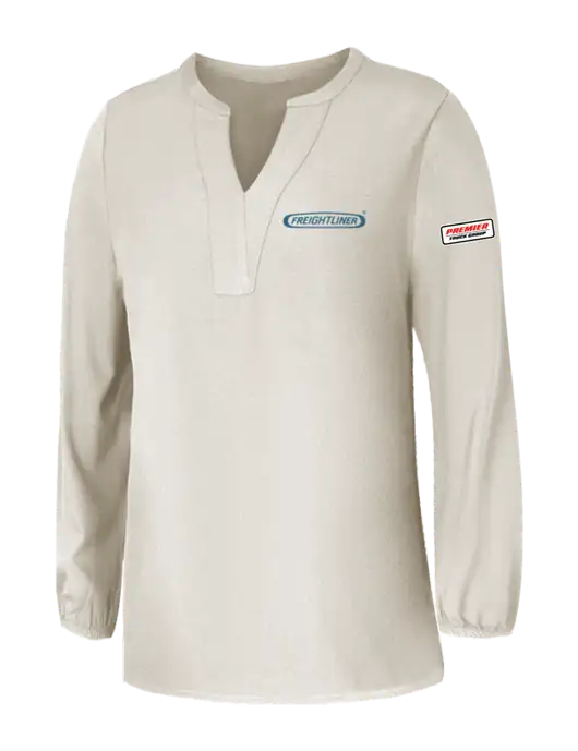 Mercer+Mettle Womens Ivory Stretch Crepe 3/4 Sleeve Blouse w/Freightliner Logo, Premier Truck Group Logo