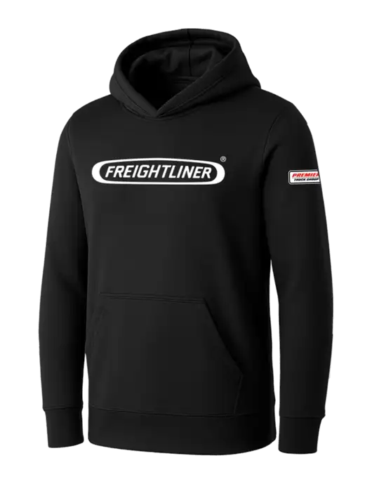 Womens Black Core Fleece Pullover Hooded Sweatshirt w/Freightliner Logo, Premier Truck Group Logo
