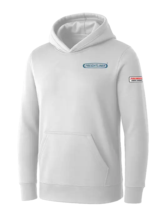 Womens White Core Fleece Pullover Hooded Sweatshirt w/Freightliner Logo, Premier Truck Group Logo