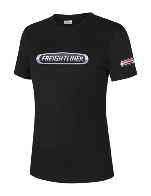  Womens Black PosiCharge Competitor Tee w/Freightliner Logo, Premier Truck Group Logo