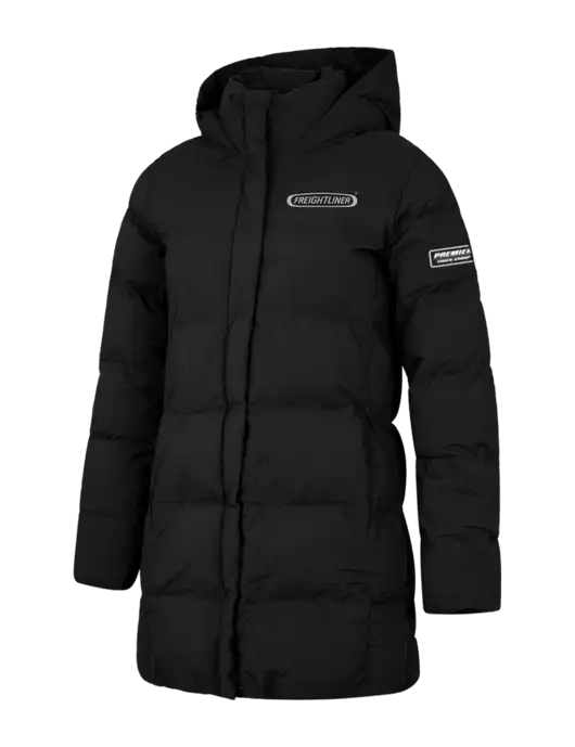 Mercer+Mettle Womens Deep Black Puffy Parka  w/Freightliner Logo, Premier Truck Group Logo