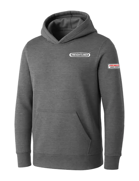 Womens Medium Grey Heather Core Fleece Pullover Hooded Sweatshirt w/Freightliner Logo, Premier Truck Group Logo