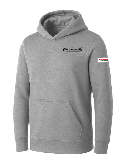 Womens Light Grey Heather Core Fleece Pullover Hooded Sweatshirt w/Freightliner Logo, Premier Truck Group Logo