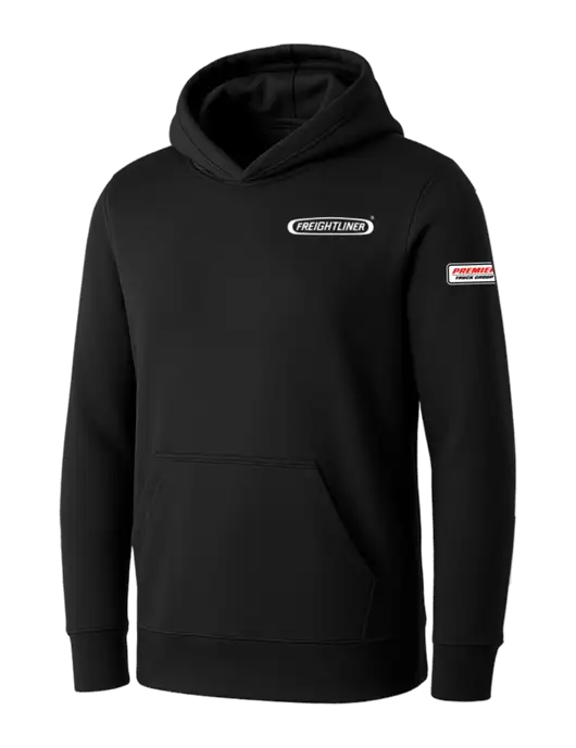 Womens Black Core Fleece Pullover Hooded Sweatshirt w/Freightliner Logo, Premier Truck Group Logo