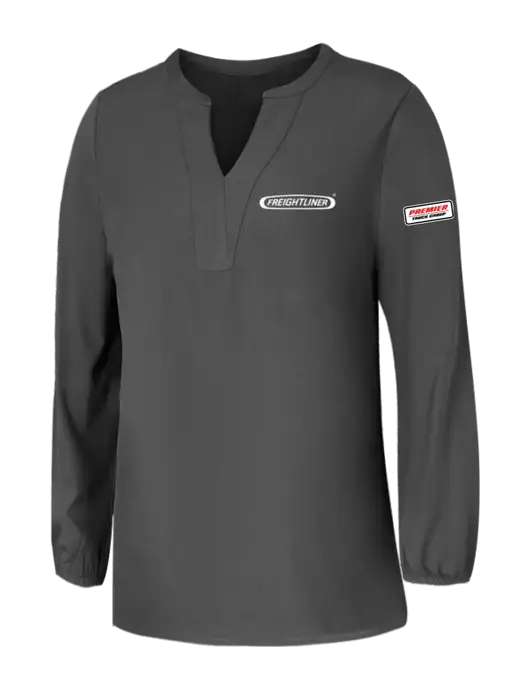 Mercer+Mettle Womens Dark Grey Stretch Crepe 3/4 Sleeve Blouse w/Freightliner Logo, Premier Truck Group Logo