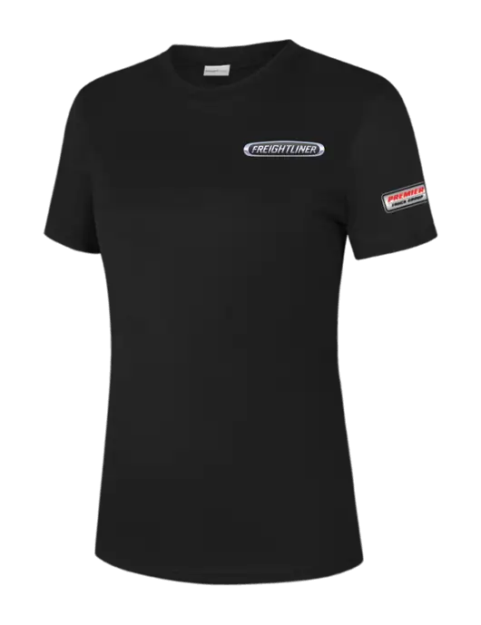  Womens Black PosiCharge Competitor Tee w/Freightliner Logo, Premier Truck Group Logo