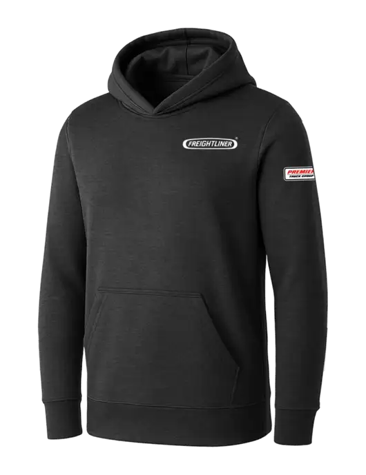 Womens Dark Grey Heather Core Fleece Pullover Hooded Sweatshirt w/Freightliner Logo, Premier Truck Group Logo