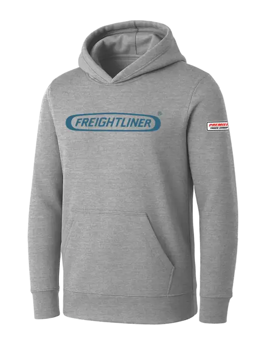 Womens Light Grey Heather Core Fleece Pullover Hooded Sweatshirt w/Freightliner Logo, Premier Truck Group Logo