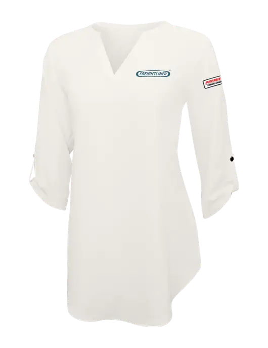 Ivory Womens 3/4 Sleeve Tunic Blouse w/Freightliner Logo, Premier Truck Group Logo