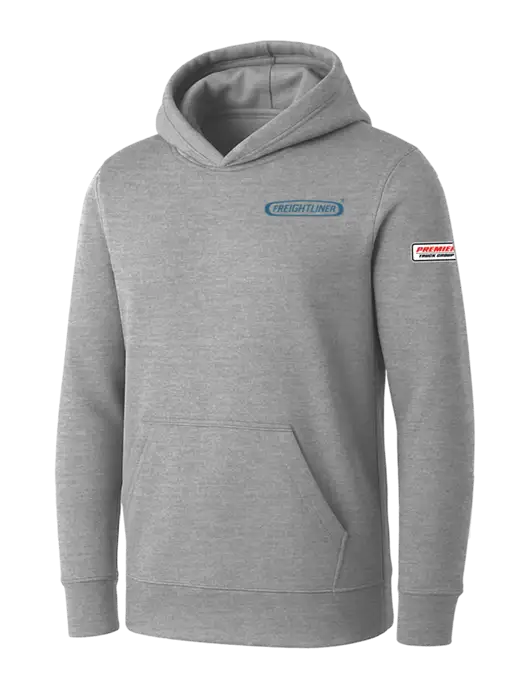 Womens Light Grey Heather Core Fleece Pullover Hooded Sweatshirt w/Freightliner Logo, Premier Truck Group Logo
