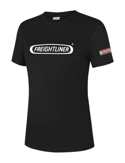  Womens Black PosiCharge Competitor Tee w/Freightliner Logo, Premier Truck Group Logo