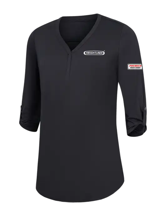 Womens Black City Stretch 3/4-Sleeve Tunic w/Freightliner Logo, Premier Truck Group Logo