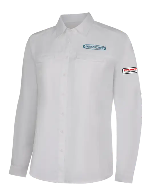 Womens White Long Sleeve UV Daybreak Shirt w/Freightliner Logo, Premier Truck Group Logo
