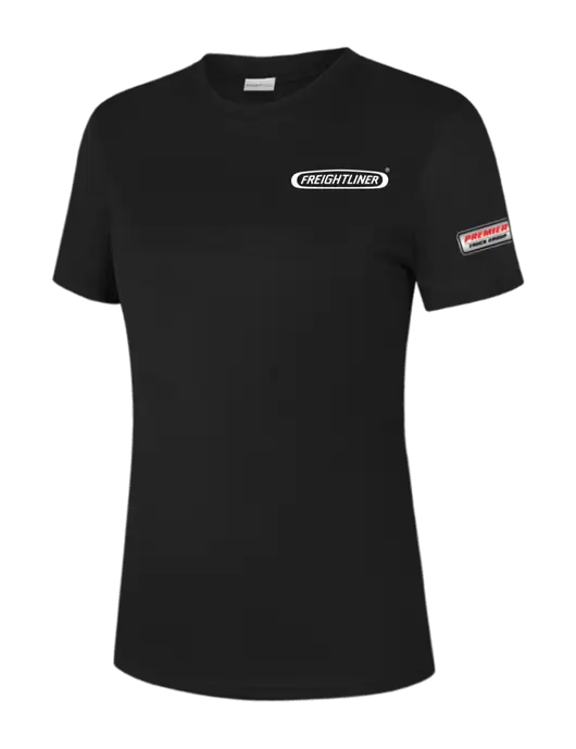  Womens Black PosiCharge Competitor Tee w/Freightliner Logo, Premier Truck Group Logo