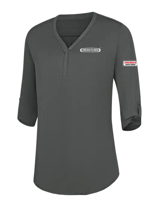 Womens Dark Grey City Stretch 3/4-Sleeve Tunic w/Freightliner Logo, Premier Truck Group Logo