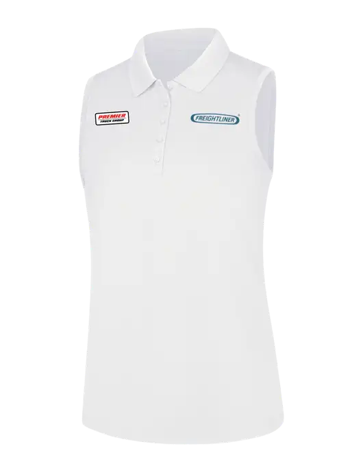 Womens White Dry Zone UV Micro-Mesh Sleeveless Polo w/Freightliner Logo, Premier Truck Group Logo
