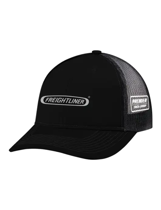 Snapback Ponytail Trucker Cap Black w/Black Mesh w/Freightliner Logo, Premier Truck Group Logo